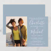 Elegante Script Stofblauwe Foto Verloving Feest Kaart (Voorkant / Achterkant)