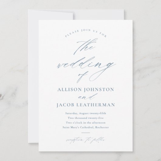 Elegante Script Stofblauwe Huwelijk Kaart (Voorkant)