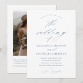 Elegante Script Stofblauwe Huwelijk Kaart (Voorkant / Achterkant)