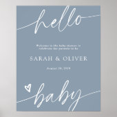 Elegante script stoffig blauwe babyshower welkomst poster (Voorkant)