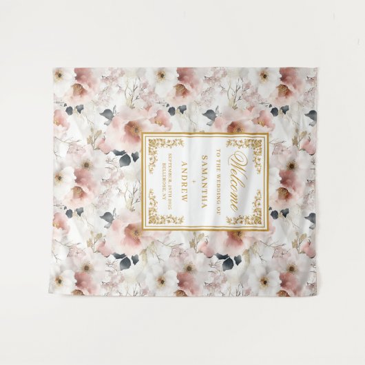 Elegante Script stoffige roze bloemen-huwelijkstap Wandkleed (Voorkant (horizontaal))