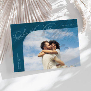 Elegante Script Teal Gebogen Frame Foto Save The Date