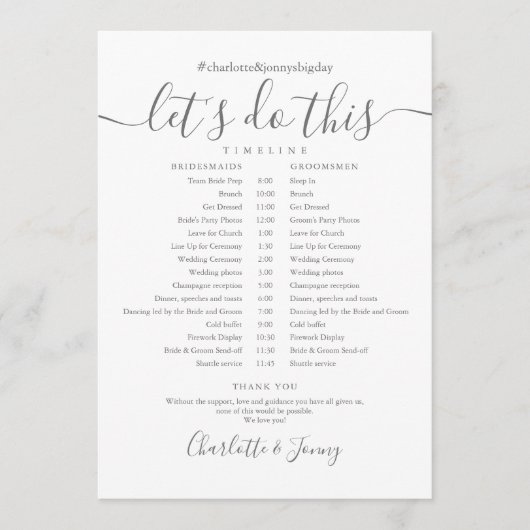 Elegante Script Trouwdag Schema Tijdschema Programmakaart (Voorkant)