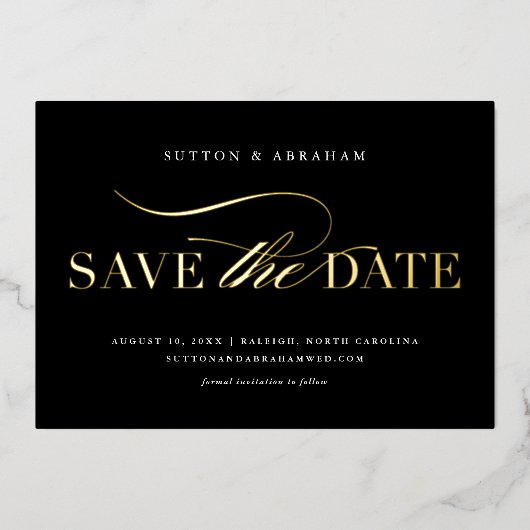 Elegante Script Trouwfoto Save the Date Goud Folie Uitnodiging (Voorkant)