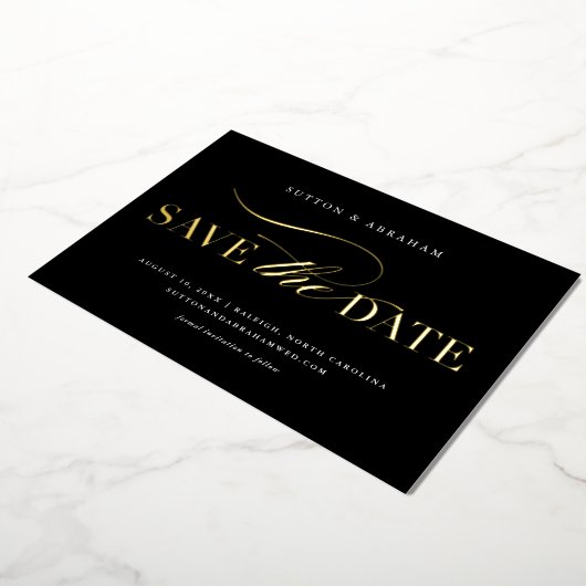 Elegante Script Trouwfoto Save the Date Goud Folie Uitnodiging (Gedraaid)