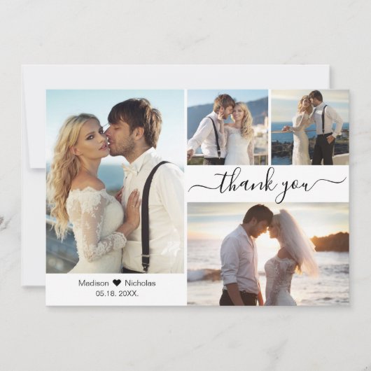Elegante Script Typografie 4 Fotocollage Bruiloft Bedankkaart (Voorkant)