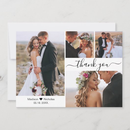 Elegante Script Typografie 4 Fotocollage Bruiloft Bedankkaart (Voorkant)