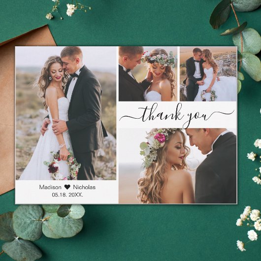 Elegante Script Typografie 4 Fotocollage Bruiloft Bedankkaart