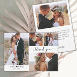 Elegante Script Typografie 4 Fotocollage Bruiloft Bedankkaart<br><div class="desc">Modern minimalistisch elegant script 4 fotocollage bruiloft bedankje. Stijlvolle bruiloft dank u kaart sjabloon met 4 (vier) foto op de voorkant en een foto op de achterkant. Met de tekst "Thank you" in een wervelende hand belettering typografie script lettertype met swash staart in zwarte kleur op witte achtergrond. Weinig liefdeshart...</div>