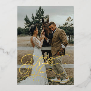 Elegante script typografie Dank u foto bruiloft Folie Uitnodiging
