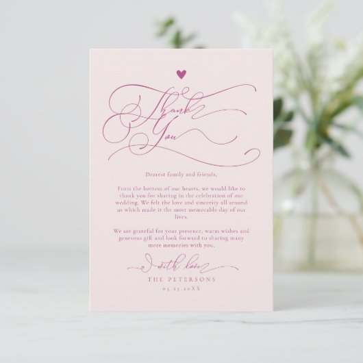 Elegante Script Typografie Roze bruiloft Bedankkaart (Staand voorkant)
