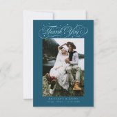 Elegante Script Typografie Stippen Trouwfoto Blauw Bedankkaart (Voorkant)