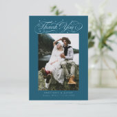 Elegante Script Typografie Stippen Trouwfoto Blauw Bedankkaart (Staand voorkant)