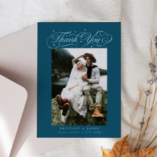 Elegante Script Typografie Stippen Trouwfoto Blauw Bedankkaart