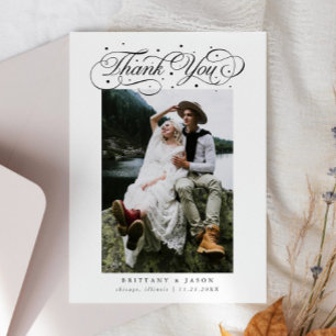 Elegante Script Typografie Stippen Trouwfoto Wit Bedankkaart