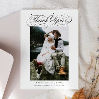 Elegante Script Typografie Stippen Trouwfoto Wit Bedankkaart