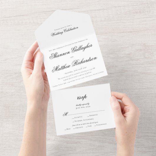 Elegante Script Typografie Zwart Witte Bruiloft All In One Uitnodiging (Afscheurbaar)