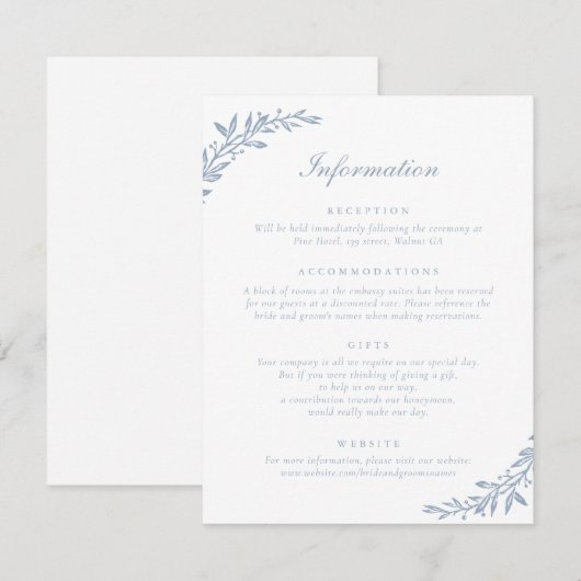 Elegante script vintage olijfblad trouwdetails kaart (Voorkant / Achterkant)