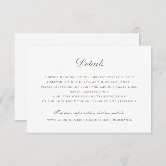 Elegante script vintage olijfgroene trouwdetails kaart (Voorkant / Achterkant)