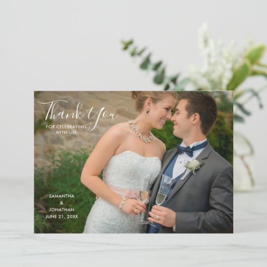 Elegante script volledige foto trouwkaart dankjewe bedankkaart (Staand voorkant)