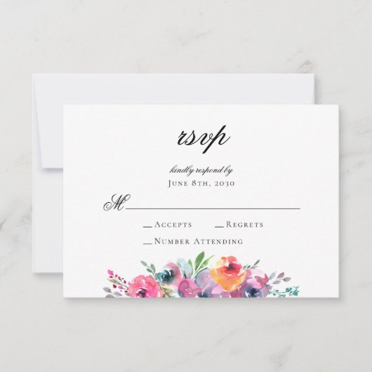 Elegante Script Waterverf Bloemachtige Bruiloft RSVP Kaartje (Voorkant)