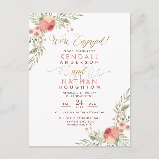 Elegante Script Waterverf Bloemen Engagement Party Uitnodiging Briefkaart (Voorkant)