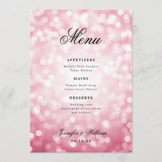 Elegante Script Wedding Blush Pink Bokeh Lights Menu (Voorkant)