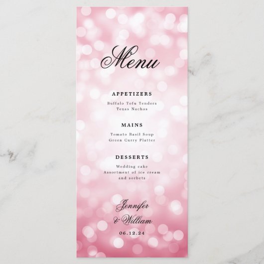Elegante Script Wedding Blush Pink Bokeh Lights Menu (Voorkant)