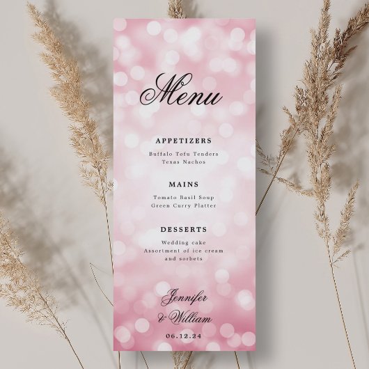 Elegante Script Wedding Blush Pink Bokeh Lights Menu
