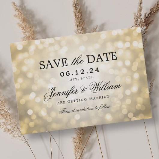 Elegante Script Wedding Gold Bokeh Lights Save The Date