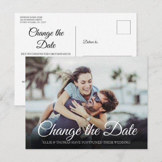 Elegante script Wijzig datum Uitgestelde foto Briefkaart (Voorkant / Achterkant)