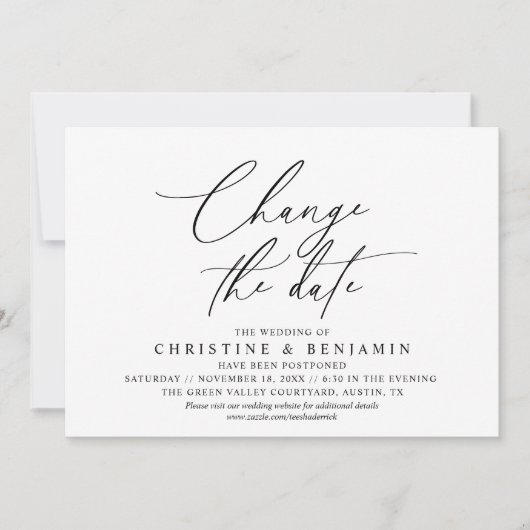 Elegante Script Wijzig de Datum Huwelijk Uitgestel Kaart (Voorkant)