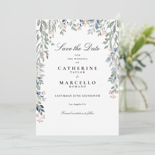 Elegante script wilde bloemen bloem bruiloft save the date (Staand voorkant)