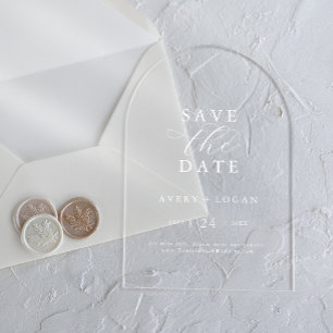 Elegante script witte moderne trouw save the date acryl uitnodigingen