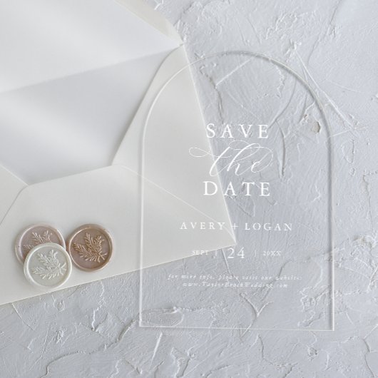 Elegante script witte moderne trouw save the date acryl uitnodigingen