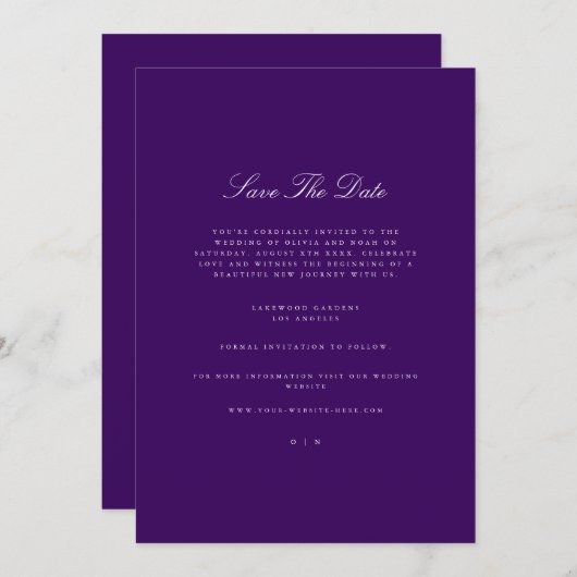 Elegante Script witte & paarse Save The Date-kaart Aankondiging (Voorkant / Achterkant)