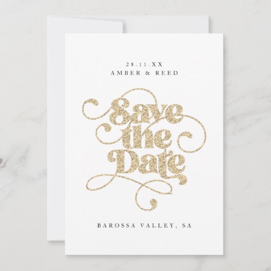 Elegante script woorden goud glinsterend save the date (Voorkant)