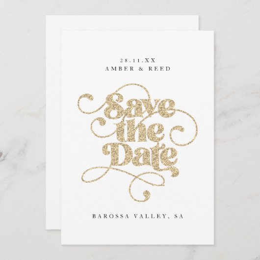 Elegante script woorden goud glinsterend save the date (Voorkant / Achterkant)