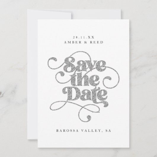 Elegante script woorden zilveren nep glitters save the date (Voorkant)