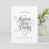 Elegante script woorden zilveren nep glitters save the date (Staand voorkant)