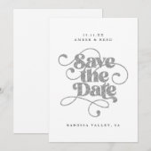 Elegante script woorden zilveren nep glitters save the date (Voorkant / Achterkant)