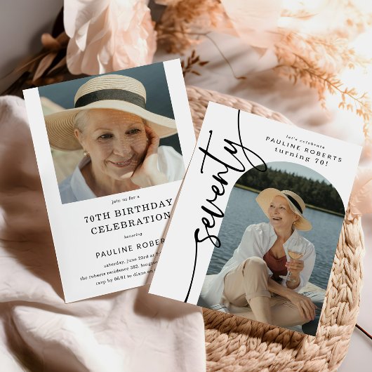 Elegante Script Zeventig Boog Foto 70ste Verjaarda Kaart