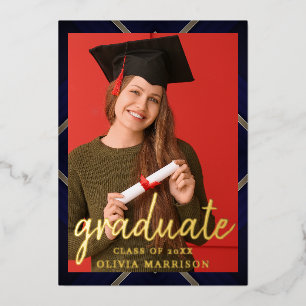 Elegante Script Zwart Goud Foto Collage Afstuderen Folie Uitnodiging