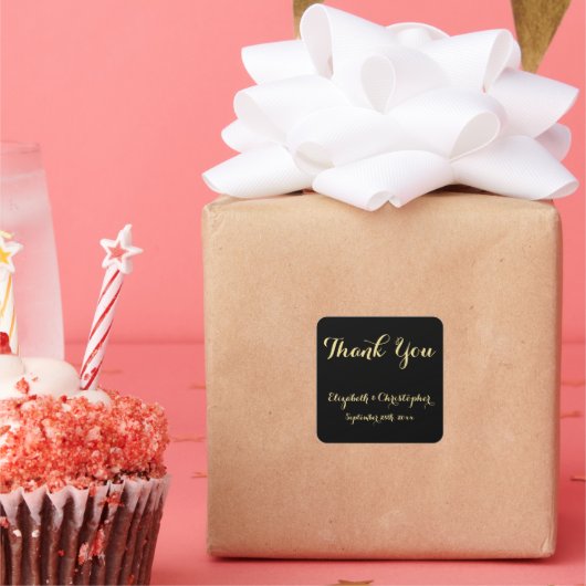 Elegante script zwart gouden trouw bedankbriefjes vierkante sticker (Feest)