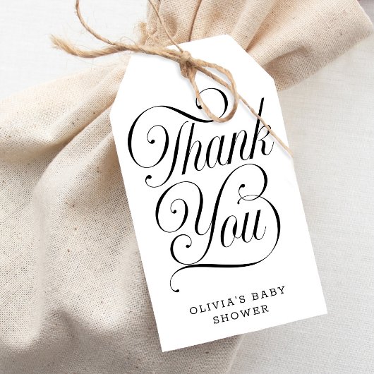 Elegante Script Zwart & Wit Baby Shower Favor Cadeaulabel