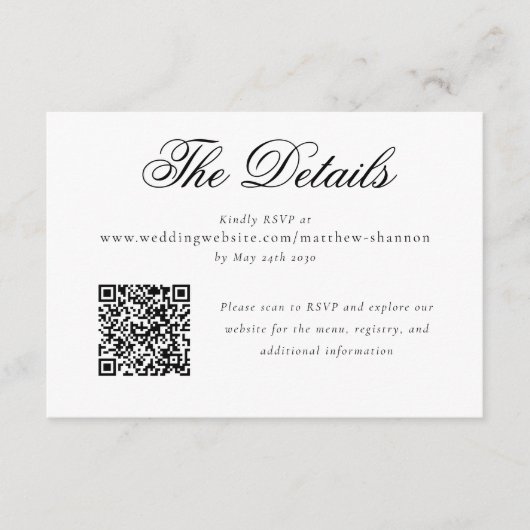 Elegante script zwart-wit bruiloft RSVP details Informatiekaartje (Voorkant)