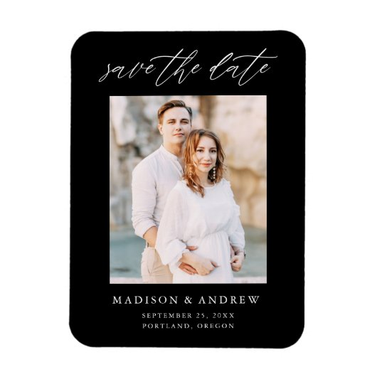 Elegante Script Zwart-Wit Foto Save The Date Magneet (Verticaal)