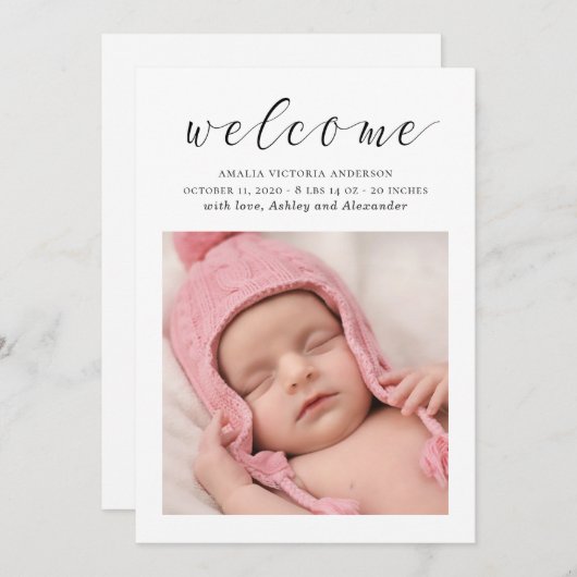 Elegante script zwart-wit pasgeborene, geboorte ni aankondiging (Voorkant / Achterkant)