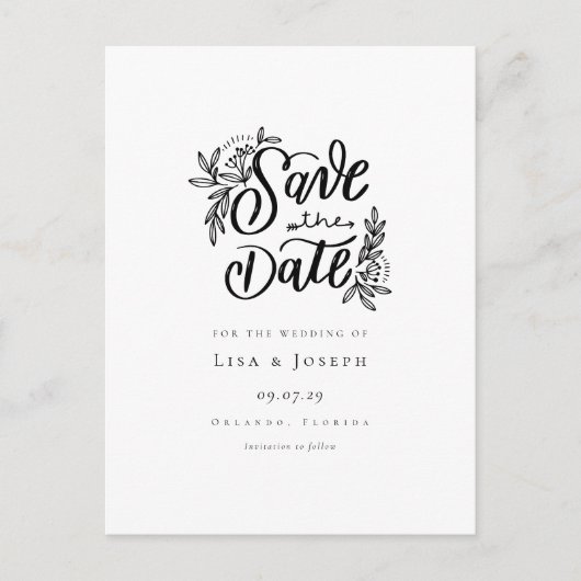 Elegante script zwart-wit save-the-date aankondigingskaart (Voorkant)