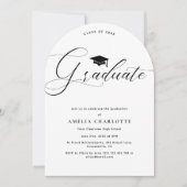 Elegante Script Zwart Witte Afstudeerfeest Boog Kaart (Voorkant)